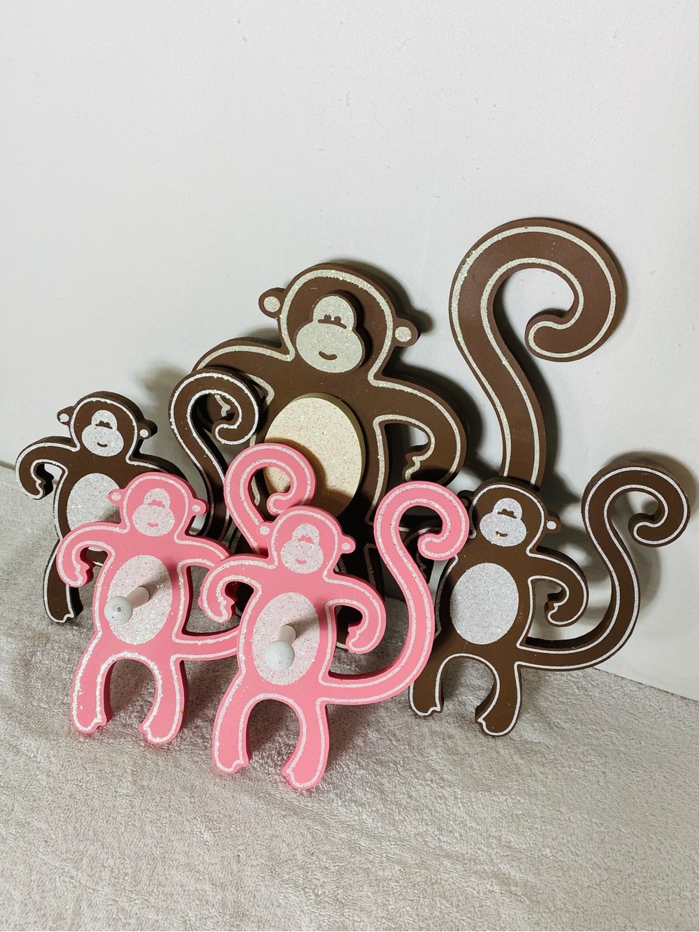 Twelve Timbers Brown Pink Glitter Belly Wood Monkey Wall Decor And Peg Hooks